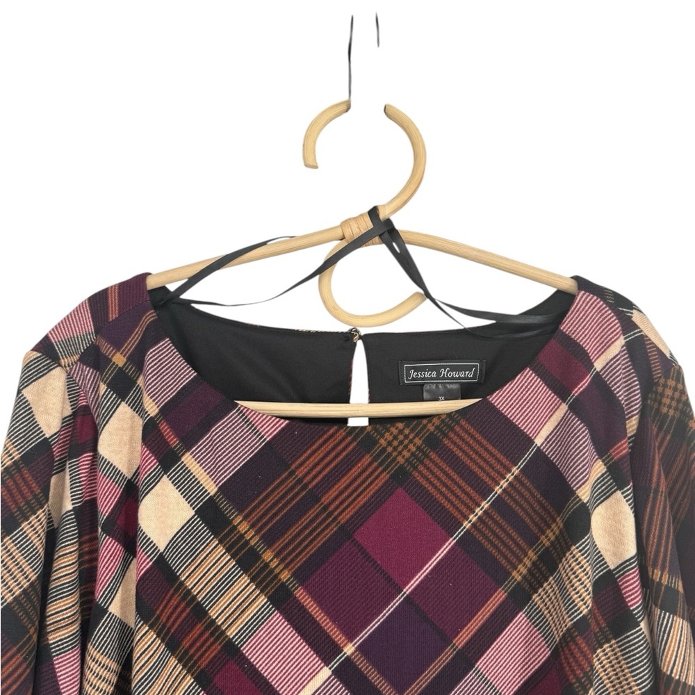 Jessica Howard Burgundy Plaid Bell Sleeve A-Line Swing Dress Plus 2X & 3X NEW - Picture 4 of 15